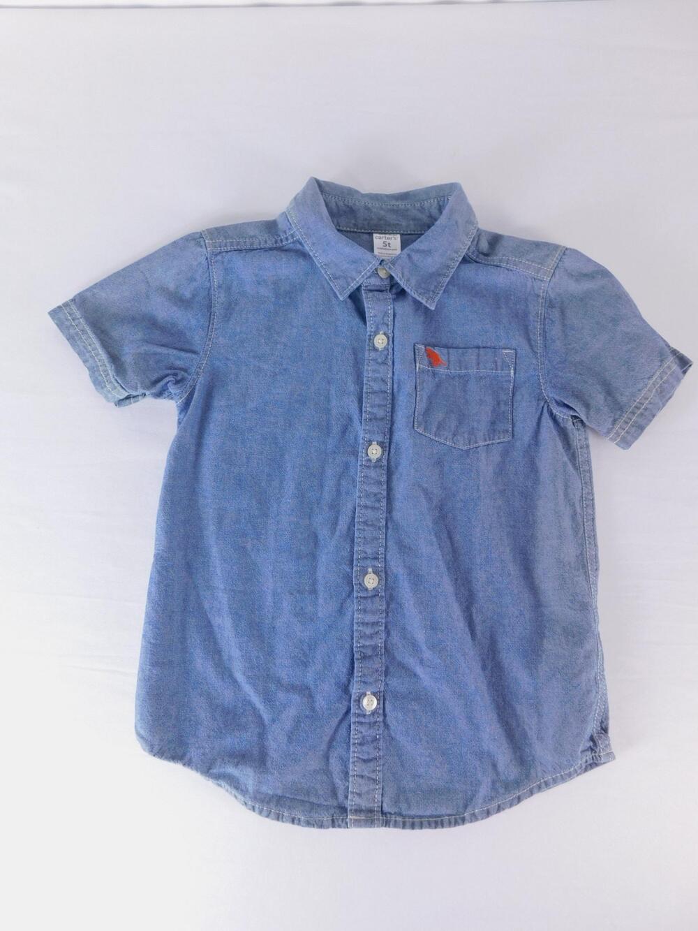 Carter's Shirt Boys 5T Blue Denim Short Sleeve Button-Up Embroidered Dino Pocket